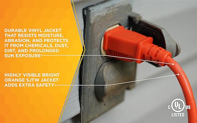Southwire Extension Cord - Standard SJTW Design for Outdoor Use - Waterproof Vinyl Jacket - Bright Orange for Visibility - Durable Molded Plug - 16/3 Gauge - 100-Foot Outdoor Cord