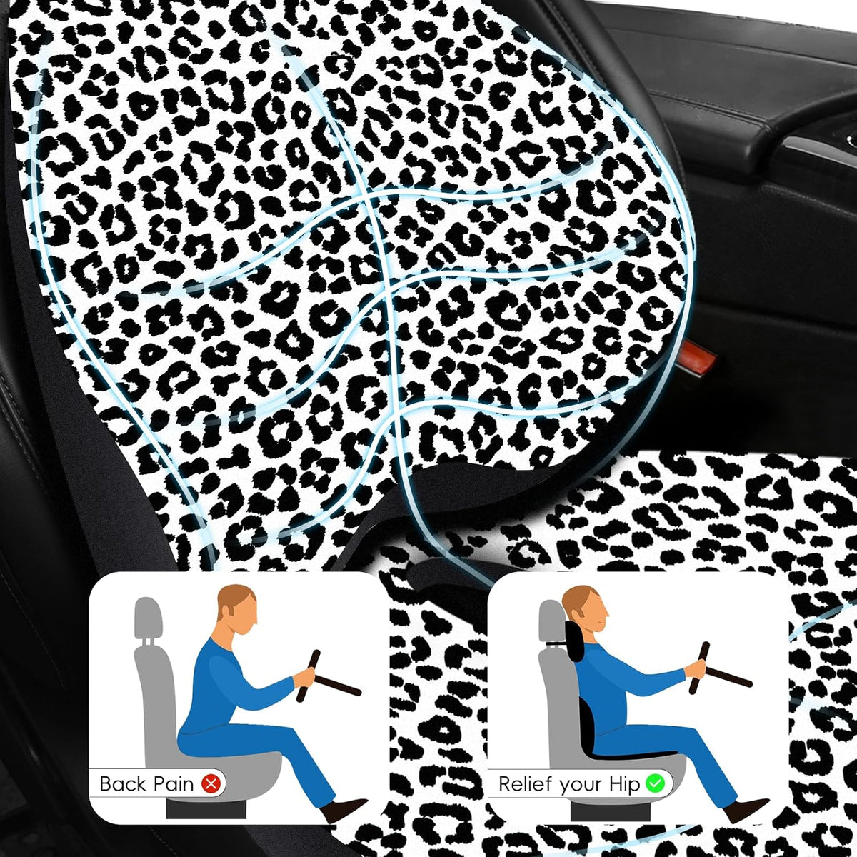 NS YOLO Ergonomic Car Seat Cushion with Comfort Memory Foam Neck Pillow, Car Pillow,Lumbar Support and Big Size Soft Seat Cushion for Driving Seat,Office Chair and Wheel Chair (Leopard Print-3 pcs)