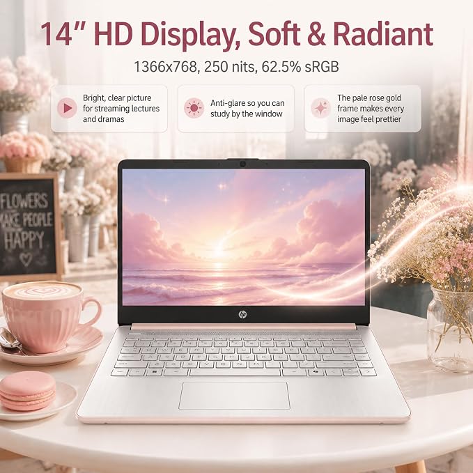 HP 14 Laptop for Students and Home Use, Intel Processor N150, 16GB RAM | 128GB UFS+256GB MSD, 14" HD Display, Wi-Fi 6, 1-Year Microsoft 365, Copilot AI Key, Lightweight, Pale Rose Gold, W/Mouse