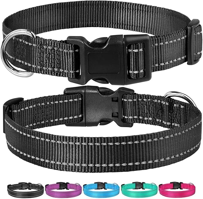 Reflective Dog Collar with Buckle Adjustable Safety Nylon Collars for Small Medium Large Dogs, Black L