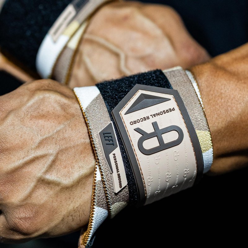 PR Personal Record Heavy Duty Premium Wrist Wraps, More Elasticity, Reinforced Stitching, Extra Wide Strap, Strong Thumb Loop, Larry Wheels Weightlifting Wraps, Lifting Wrist Wraps (Sand Camo)