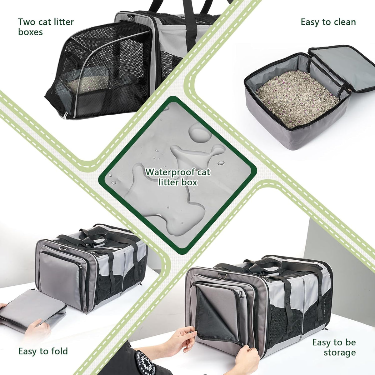 Expandable Cat Carrier for 2 Cats, Double Compartment Large Pet Carrier for Long Distance Car Travel, Includes 2 Portable Litter Boxes, Foldable Multi-Cat Travel for Road Trips & Camping, Gray