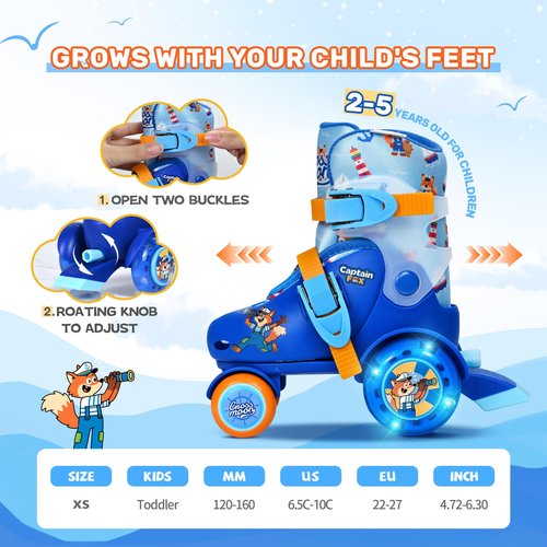 Adjustable Beginner Skates for Kids – Light-Up Wheels, Fun Tractor Design for Girls, Boys, Toddlers (Captain Fox, X-Small (6.5C–10C US))