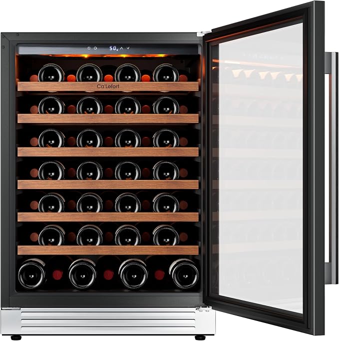 Ca'Lefort 24 Inch Wine Fridge, 61 Bottle Under Counter Wine Cooler | 40-65°F Touch Control, Dual-Pane Glass Door, Adjustable Shelves, 3 Color LED, Built-In or Under Counter for Home Bar Kitchen