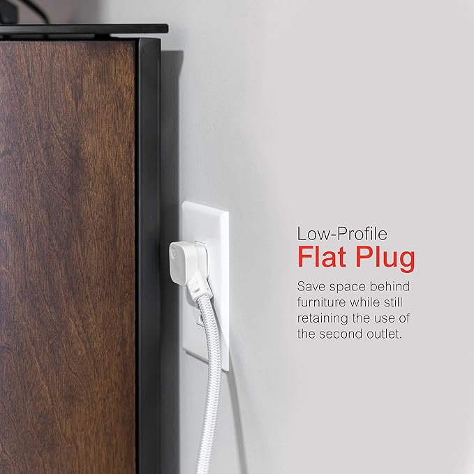 GE 3-Outlet Power Strip 8 Ft Braided Extension Cord with Multiple Outlets Grounded Flat Plug ETL Listed White 38433