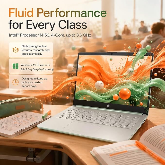 HP 14 Laptop for Students and Home Use, Intel Processor N150, 16GB RAM | 128GB UFS+256GB MSD, 14" HD Display, Wi-Fi 6, 1-Year Microsoft 365, Copilot AI Key, Lightweight, Willow Green, W/Mouse