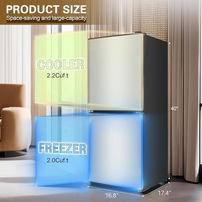 4.2 Cu. Ft. Mini Fridge with Freezer, Small Refrigerator Silver | with 7-Level Adjustable Thermostat, Mini Refrigerator Compact Fridge and Freezer for Dorm, Office, Apartment, College, RV