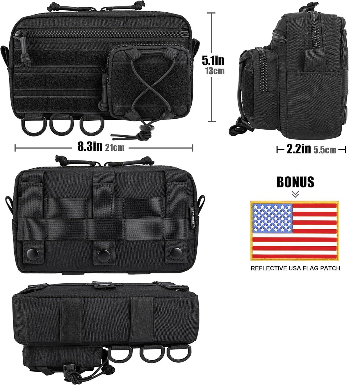 Skiennix Tactical Molle Pouch - Water-Resistant Admin Pouch with US Flag Patch | Versatile Utility for Vests & Backpacks