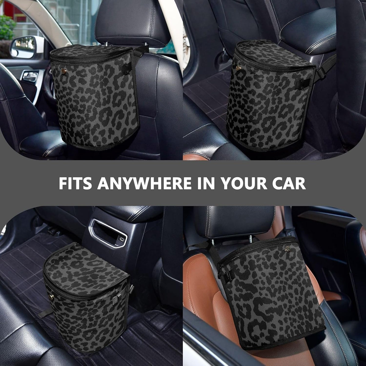 Bolaz Spill-Proof Car Trash Can | Leakproof Lining | Seat Hanging Auto Garbage Bag with Zipper Lid Hipster Black Leopard Print Car Organizer Storage Bag