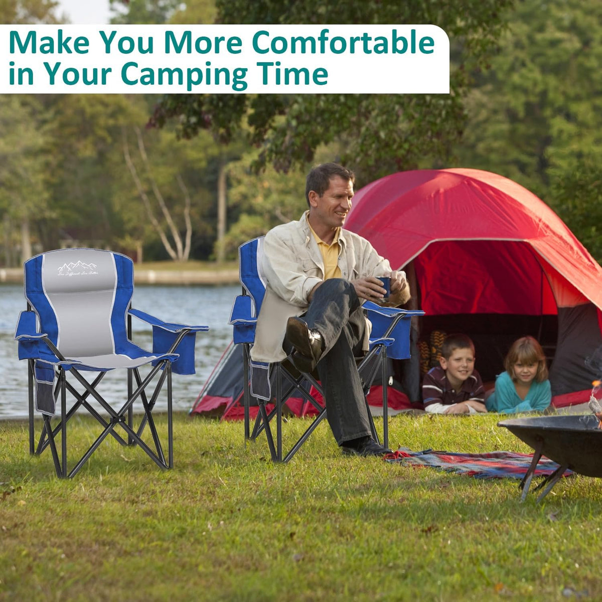 Skiennix Heavy-Duty Camping Chairs - 500lbs Capacity, High Back, Padded, Blue | 2-Pack with Cooler Bag & Cup Holder
