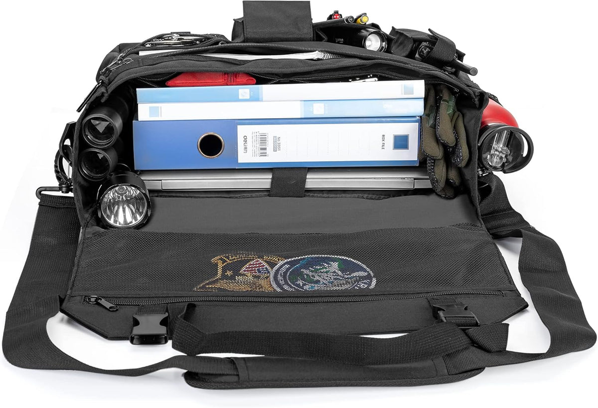 Trunab Patrol Bag, Car Front Seat Organizer, Police Duty Bag for Law Enforcement with 15.6” Laptop Sleeve, Molle Webbing, Multiple Compartment, Removable Straps, Black