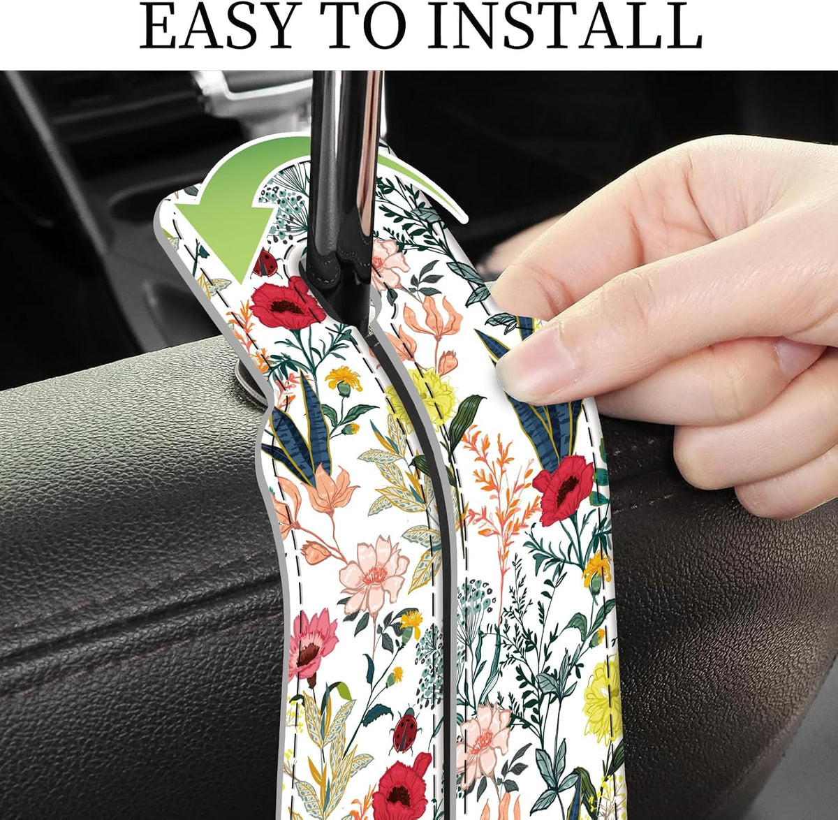 PU Leather Car Seat Hook, Storage Headrest Hanger, Cute Car Backseat Organizer, Car Hooks For Purses and Bags Colorful Wildflowers White