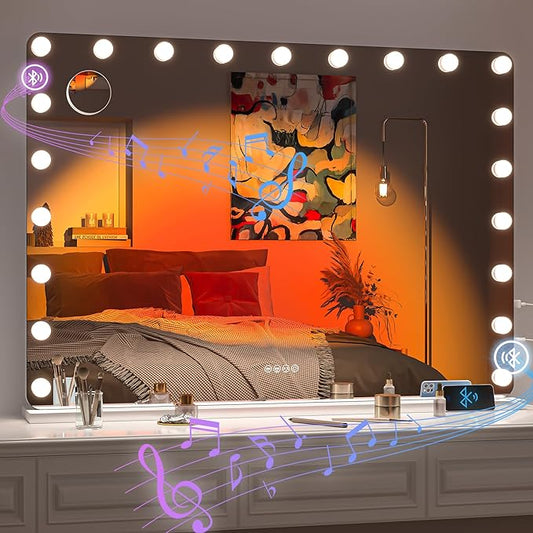 Hasipu LED Makeup Mirror with Bluetooth Speaker, 41" x 30" Makeup Mirror with Lights and Magnification, Hollywood Mirror with 3 Color Modes, LED Make up Mirror with USB & Type-C Charging