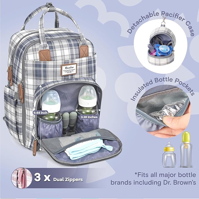 RUVALINO Diaper Bag Backpack, Multifunction Travel Pack Maternity Baby Changing Bags, Large Capacity, Waterproof, Blue Plaid