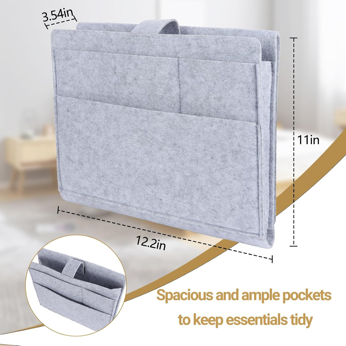 Seefoo Bed Caddy Organizer, Bunk Bed Shelf Caddy with 4 Pockets Grey