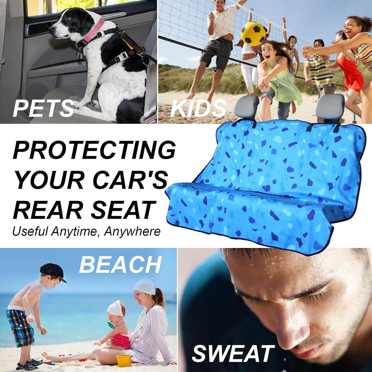 Sweat Towel Car Seat Cover Protector Front Seats for Gym Workout, Running, Swimming, Beach and Hiking, Waterproof Universal Seat Cover for Car, Trucks, Van & SUV (1, Blue Marble, Rear Seat)