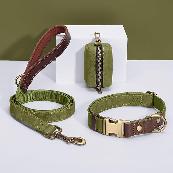 Didog Soft PU Leather Dog Collars for Medium Dogs,Classic Adjustable Dog Collars with Quick Release Metal Buckle,Easy Clean and Comfortable with Nylon Lining,Olive Green,M Neck 14-19"