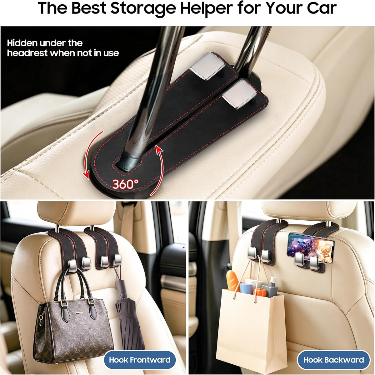 Amooca Car Headrest Hooks 4-Pack Suede Seat Organizer with Metal Core