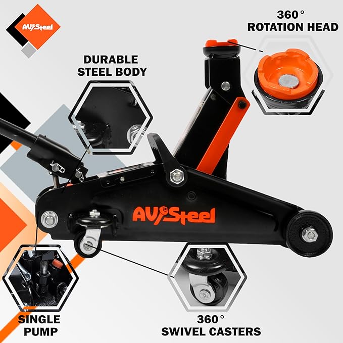AV Steel Floor Jack 1.5 Ton (3300 lbs), Hydraulic Trolley Jack with Solid Storage Case, Hydraulic Jack for Car with Single Piston Pump, Portable Car Floor Jack with Lifting Range 5-1/8'' to 12''