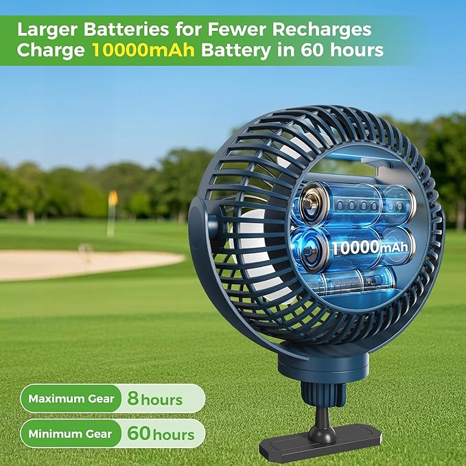 10L0L Magnetic Golf Cart Fan Rechargeable with Flexible Tripod Mount - 10000mAh Battery Operated Portable Fan 360° Rotatable Head, Fits for Yamaha/EZGO/Club Car Golf Cart with LED Light