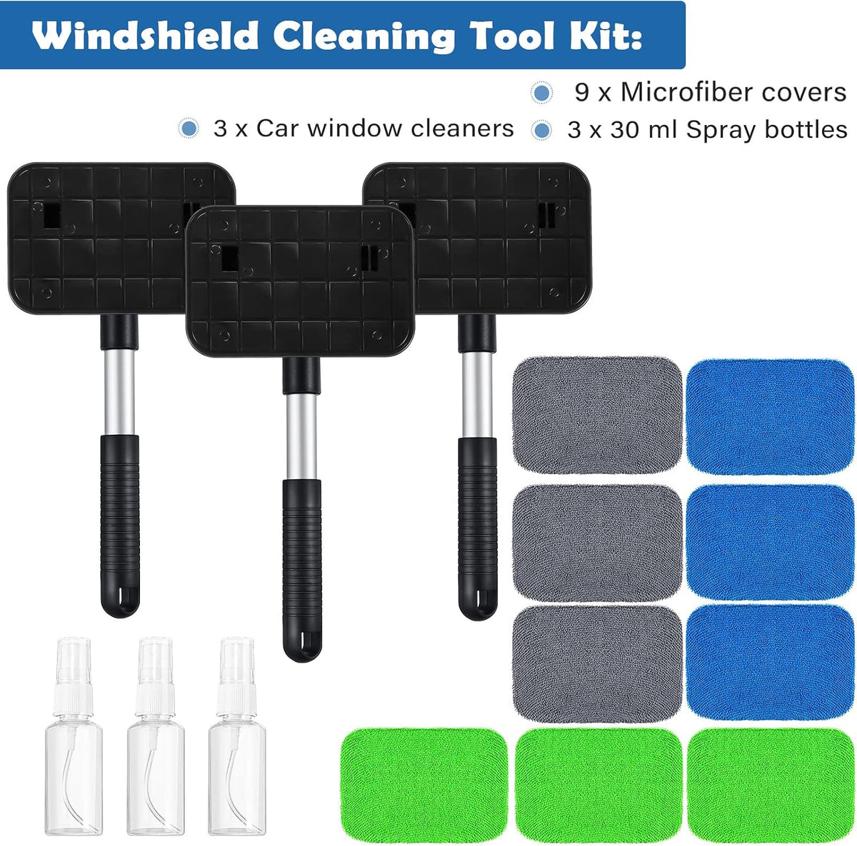 Frienda 3 Set Windshield Cleaner Tool Inside Car Window Cleaner Tool with 3 Extendable Handle 9 Reusable Microfiber Pads and 3 Spray Bottles for Auto Home Interior Exterior Glass Cleaning (Multicolor)