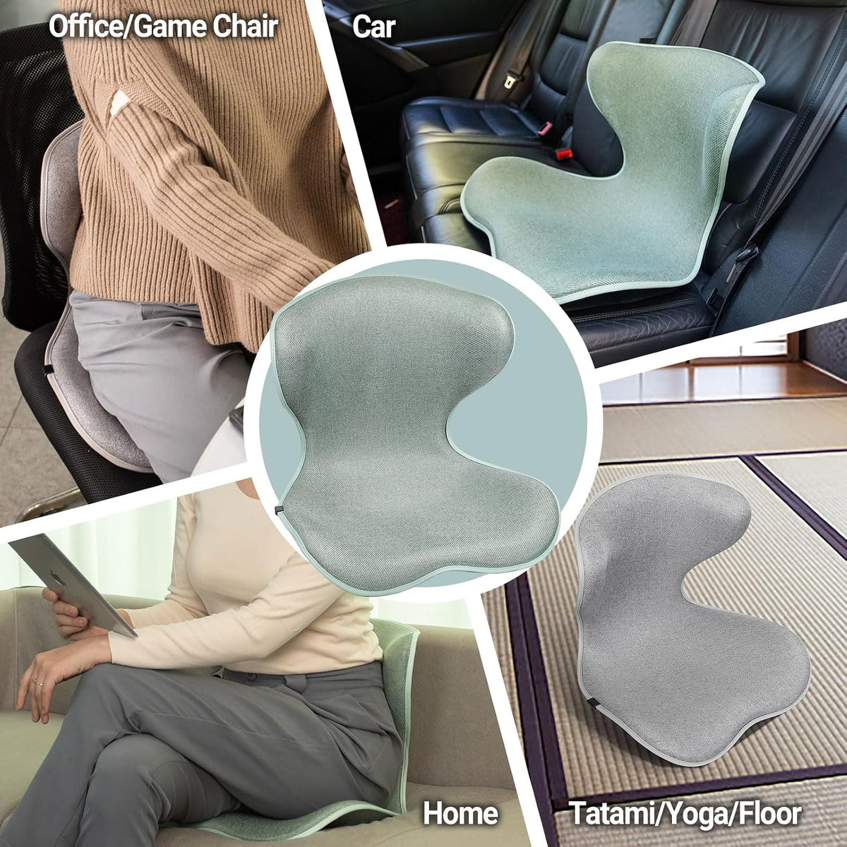 Season Guard Ergonomic Chair Seat Cushion Back Support, Posture Correction Lumbar Support Pillow, Lower Back Pain Relief for Car Driving, Office Chair, Green