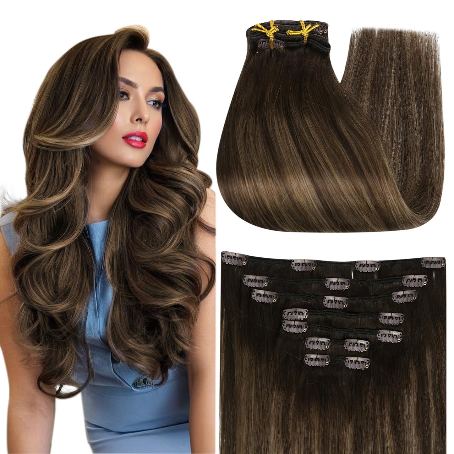 Full Shine Clip In Hair Extensions Balayage Brown Hair Extensions Clip Ins Thick Human Hair Clip In Extensions Straight Dark Bro