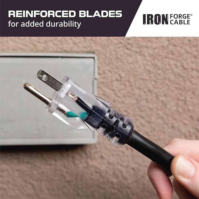Iron Forge Cable 25 ft Lighted Outdoor Extension Cord - 10/3 SJTW Heavy Duty Black Extension Cable with 3 Prong 15 AMP Grounded Plug for Safety