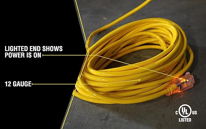 Yellow Jacket Heavy Duty Extension Cord, 25Ft, 12 Gauge, 3 Conductor, Lighted End, Weather Resistant, SJTW, Yellow, 2883 (Pack of 4)