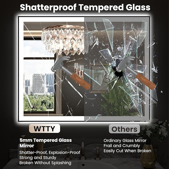 WTTY 40"X36" LED Bathroom Mirror with Black Frame, Bathroom Vanity Mirror with Lights for Wall, Front Light and Backlit, Anti-Fog, Dimmable, 3 Colors, Shatterproof, Memory, Horizontal/Vertical