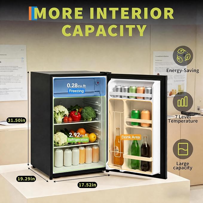 3.2 Cu. Ft. Mini Fridge Freezer, Energy-Efficient, Quiet, Adjustable Shelves
