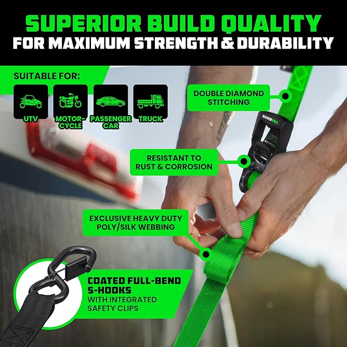 Rhino USA Ratchet Straps Heavy Duty Kit (4-Pack) - 1.6 Inch x 8 Feet Min Break Strength (5,000) - Ultimate Tie Down Straps with Safety S Hooks for Trucks, ATV, UTV, Motorcycle, Cargo & More - Green