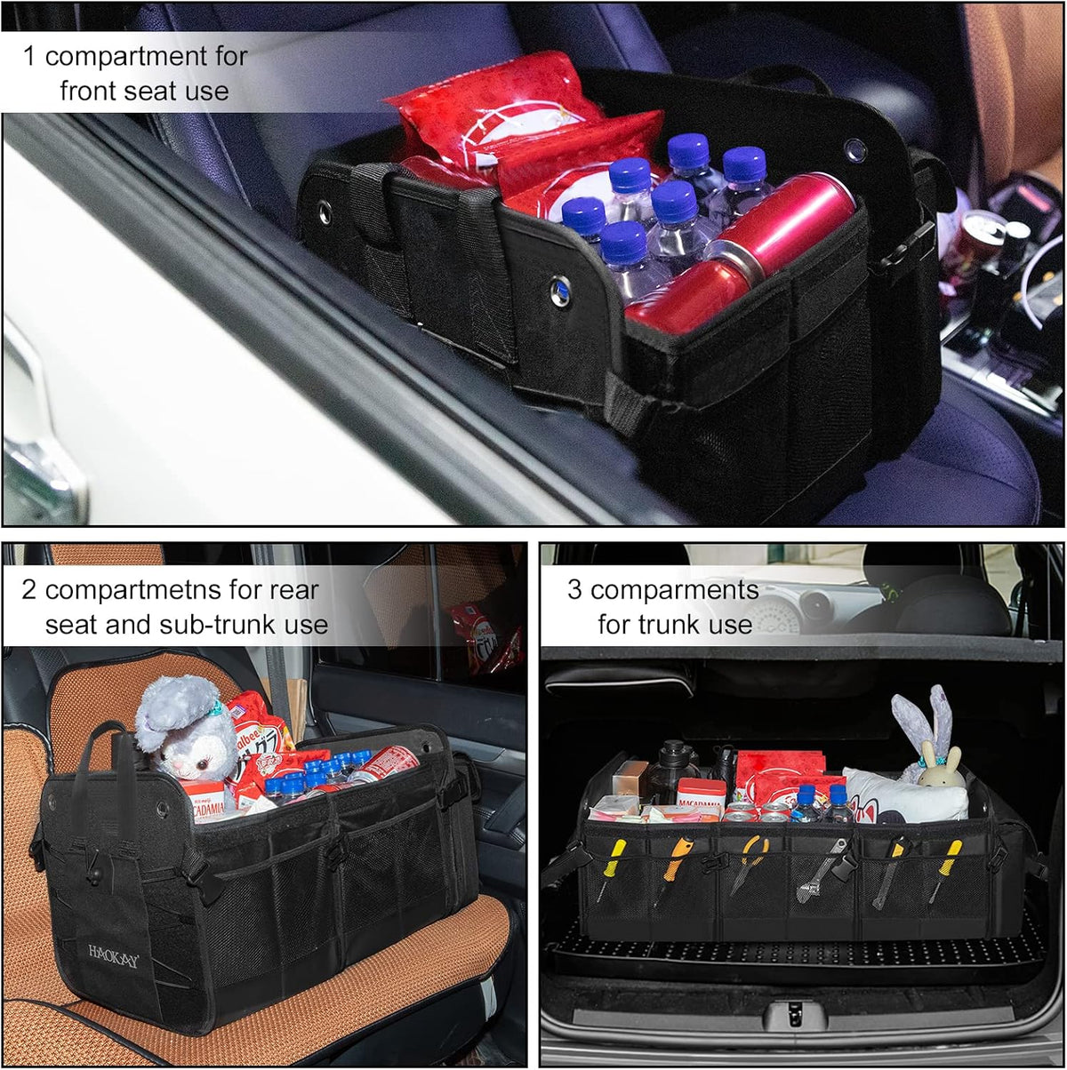 HAOKAY Collapsible Trunk Organizer with Insulated Leakproof Cooler Bag,Removable Lid,Adjustable Securing Straps,3 Compartments 5 in 1 Trunk Organizer for SUV,Truck,Sedan Jeep （95L