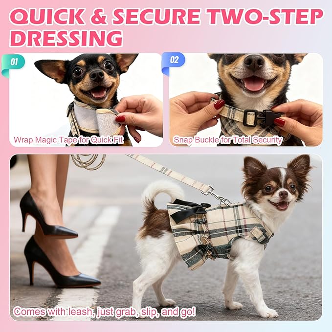 EXPAWLORER Dog Harness Small Medium Sized Dogs, Plaid Dog Dress Bowknot Harness and Leash Set, No Choke No Pull Soft Mesh Vest Cute Princess Puppy Outfits Clothes Costume for Girls Party Cats Pink XS