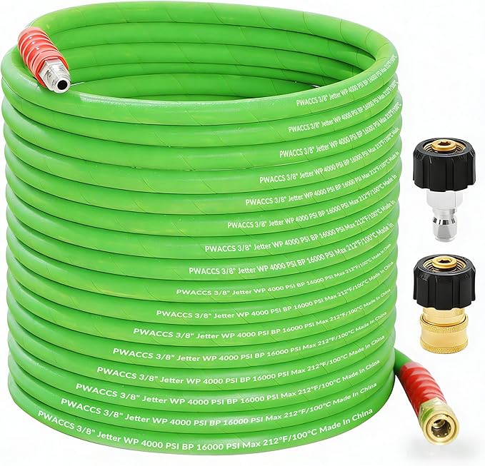 PWACCS Pressure Washer Hose 50 FT, 3/8" Kink Resistant Power Washer Hose Steel Braided Quick Connect with M22 14 Fittings for Cold/Hot Water, 4000 PSI