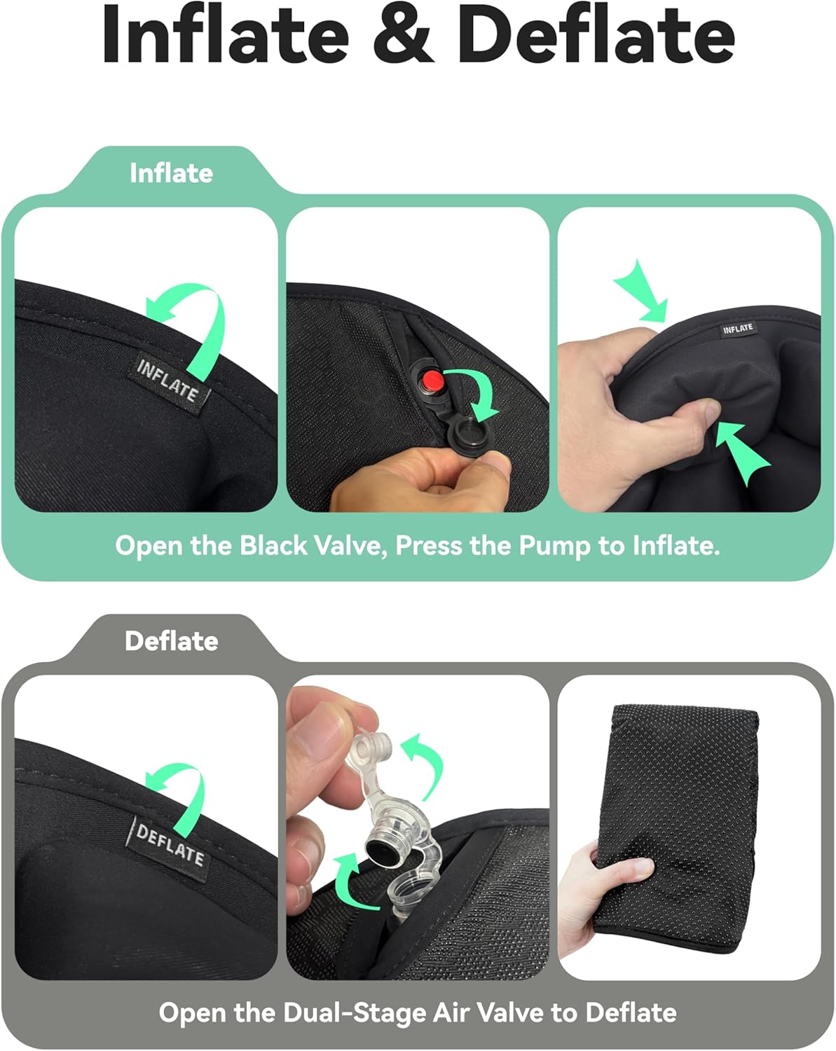 Inflatable 3D Travel Cushion for Airplane, Tailbone Pain Relief Seat Pad with Ergonomic Support, Anti-Slip Bottom, Built-in Pump & Carry Bag for Travel/Office/Car – 36 Air Cells, Green
