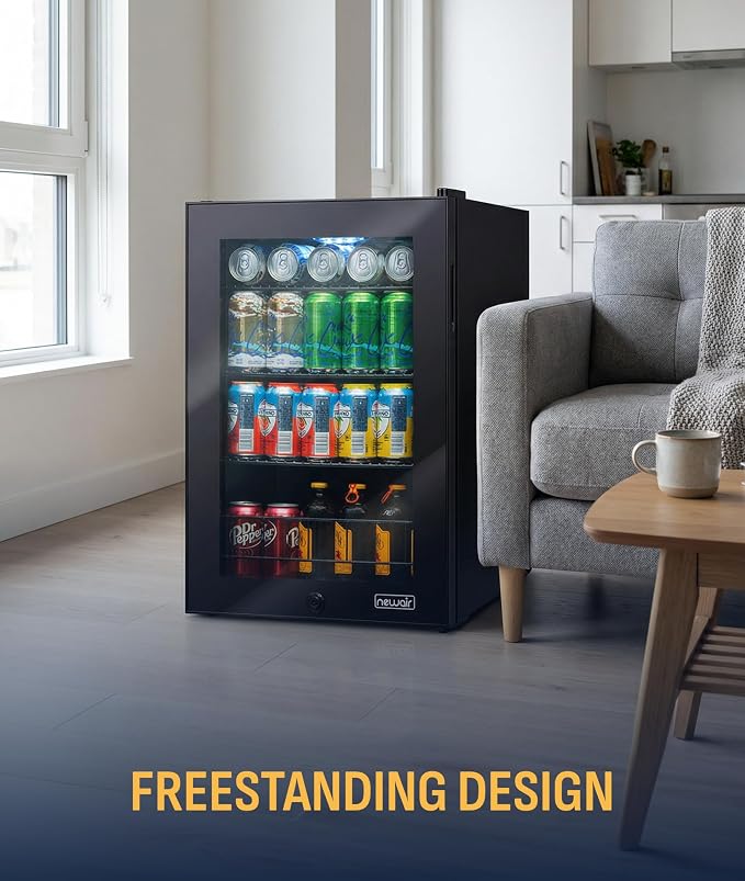 NewAir 90 Can Beverage Refrigerator | Freestanding Small Mini Fridge for Bedroom, Home Bar or Office | Adjustable Shelves, Quiet Cooling & Locking Door | Black