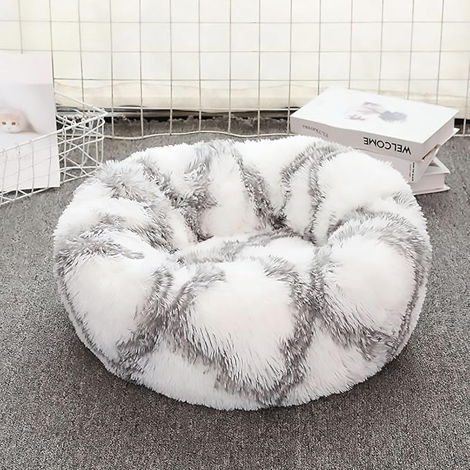 Calming Dog Bed for Small Dogs, Calming Donut Cuddler Pet Bed Anti Anxiety Round Dog Bed Fluffy Plush Faux Fur Cat Bed,Grey+White,23.6IN