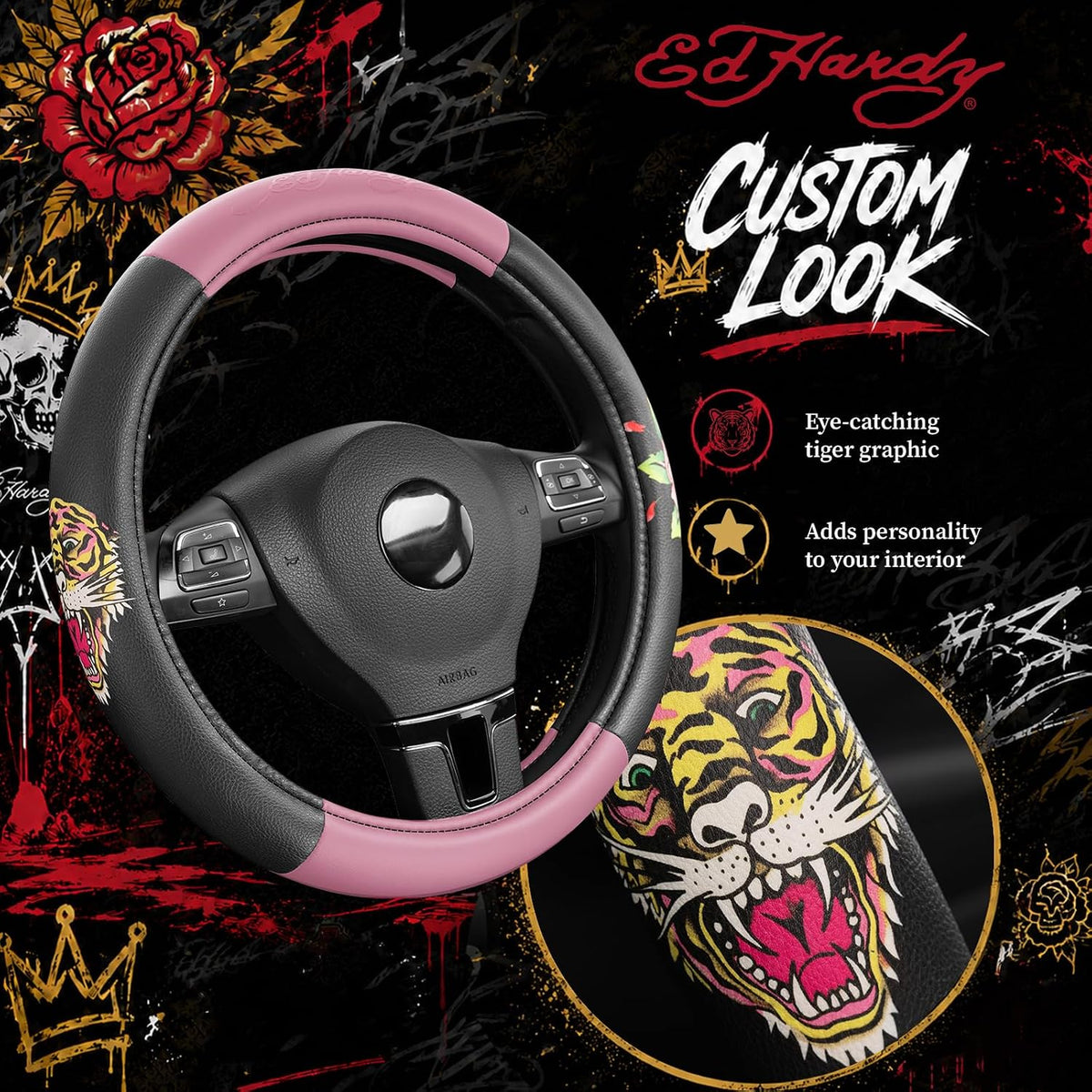 ED HARDY Tiger Print Steering Wheel Cover, Pink Leather Universal Car Streeing Cover, Fits 14.5-15.5 Inch Steering Wheels, Anti-Slip Comfortable Grip, Durable Auto Interior for Cars, SUVs, Trucks