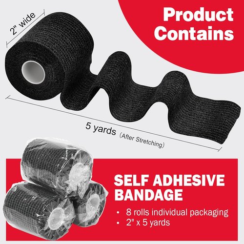 AZEN Self-Adhesive Bandage Wrap - 8 Pack, 2" X 5 Yards, Elastic Cohesive Tape in Black for Athletic Use | Vet & Tattoo Grip