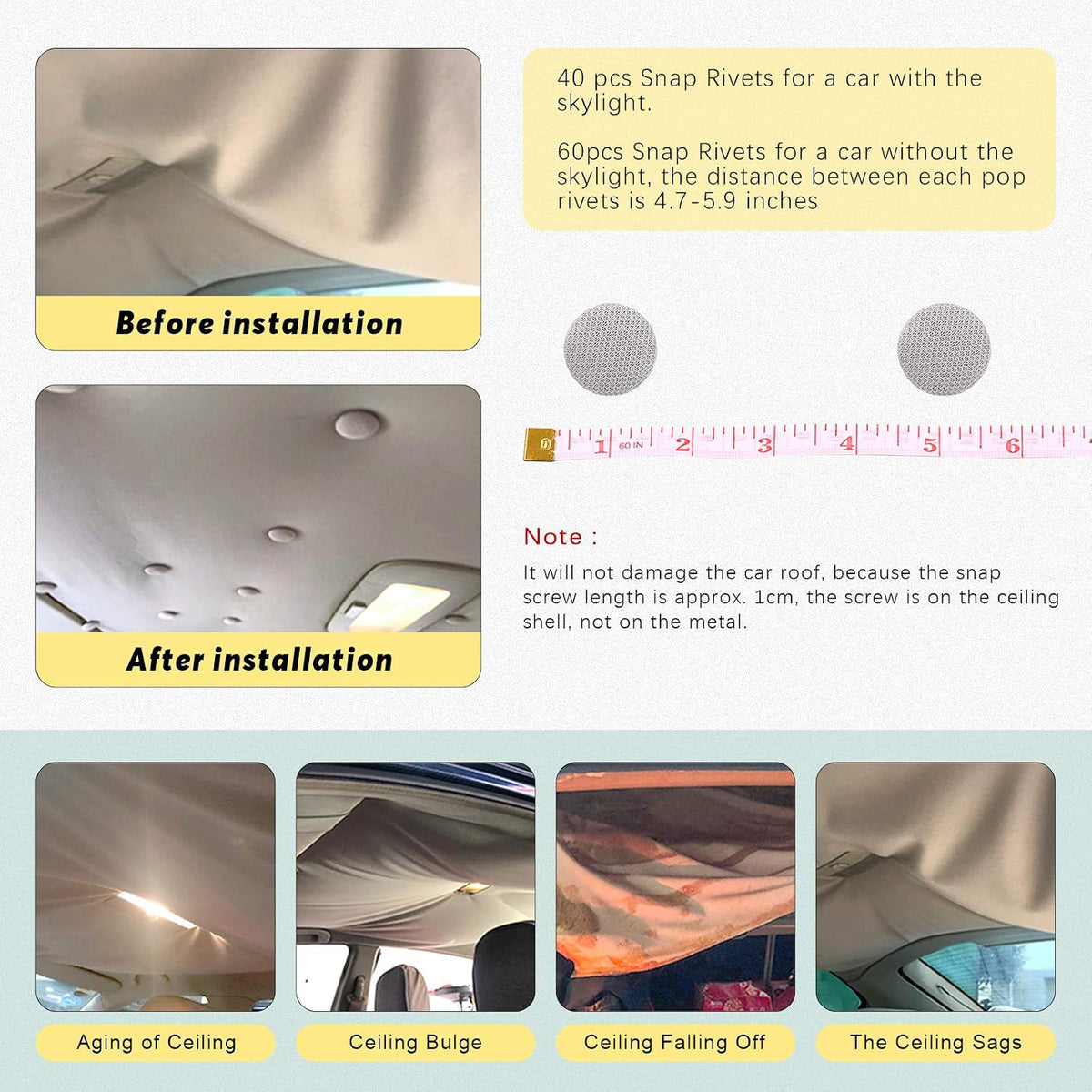 Swpeet 272-Piece Gray Car Roof Headliner Repair Kit with Rivets, Things and Installation Tool, Bed Skirt Pins and Retainer Design for Car Roof Flannel Fixed