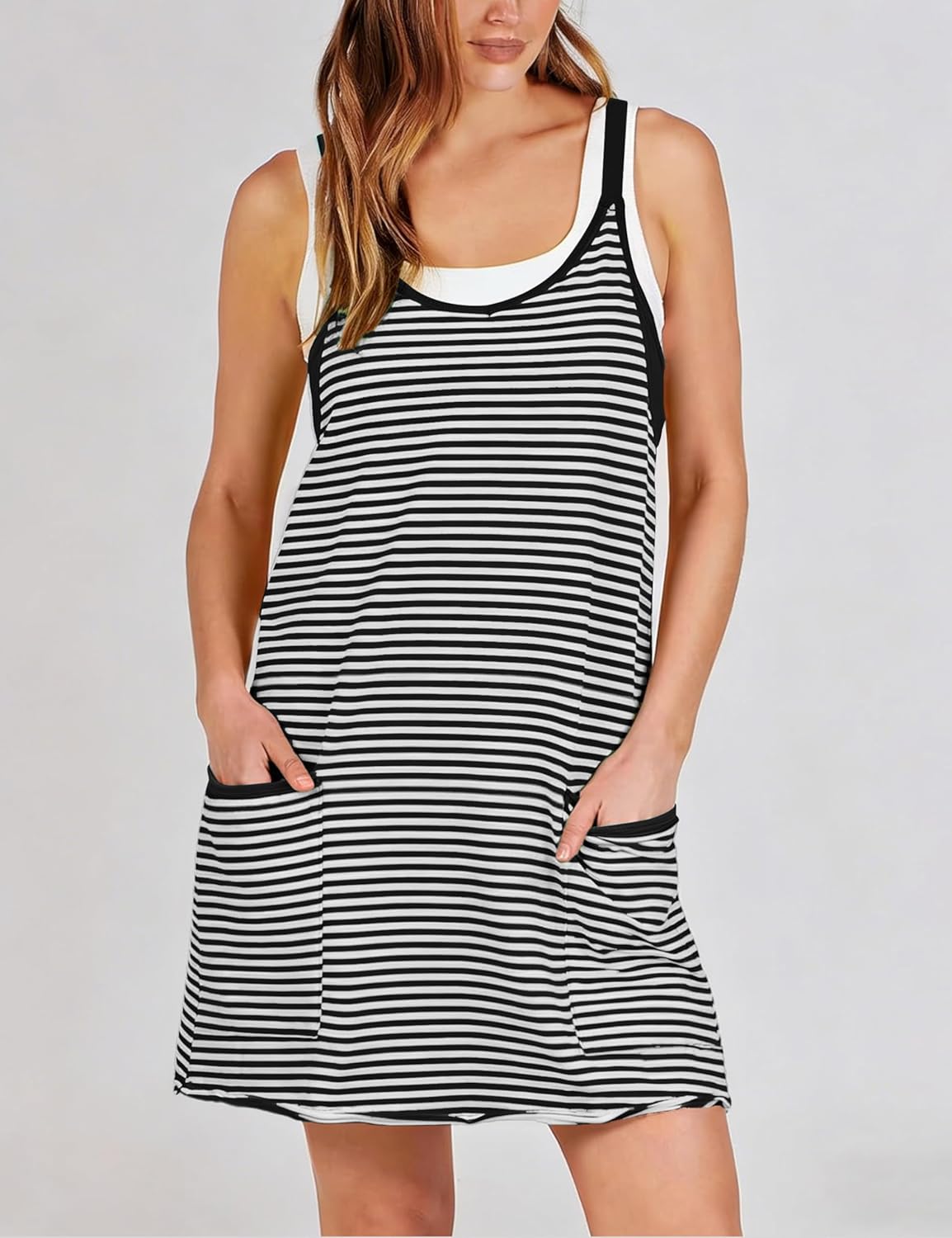 Zhiyouni Women's Athletic Mini Dress - Sleeveless V-Neck with Built-In Shorts | Striped Tennis Vacation Wear