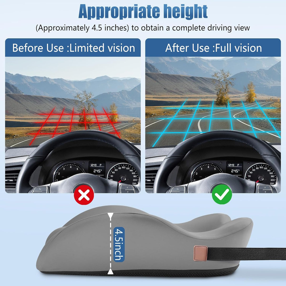 Car Seat Cushion for Truck and Car Drivers - Prevents Bedsores & Relieves Long-Drive Pain, Therapeutic Support for Sciatica, Hemorrhoids, Tailbone and Prostate, Enhanced View with Anti-Slip Base