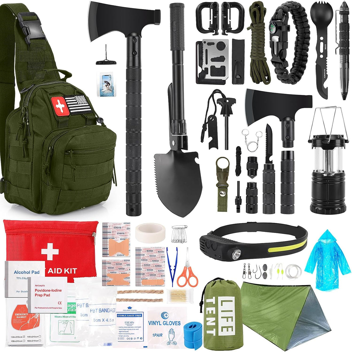 Survival Kit, 268 Pcs Emergency Survival Gear and Equipment Supplies with First Aid Kit, Camping Axe, Headlamp, Crossbody Bag for Camping Hiking, Hunting, Gift for Christmas Men, Dads,
