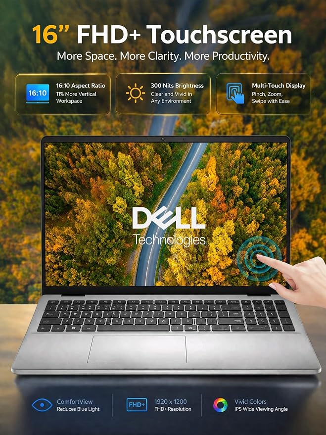 Dell 16 Touchscreen Laptop, Core 7 150U, 32GB DDR5 RAM 5200MT/s, 1TB SSD | 16:10 FHD+ 300nits WVA/IPS Display, Full-size Backlit Keyboard with Number Pad, Fingerprint Reader, Ai Copilot Key, Win11 Pro