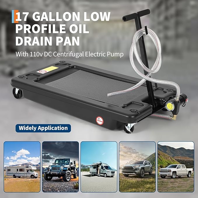 Oil Drain Pan 17 Gallon Oil Drain Tank,64L Low Profile Oil Drain Pan with Electric Pump,Oil Catch Pans for Changing Oil,Foldable Hand, with Hose, Swivel Casters for Car, SUV, Trucks Oil Draining Black