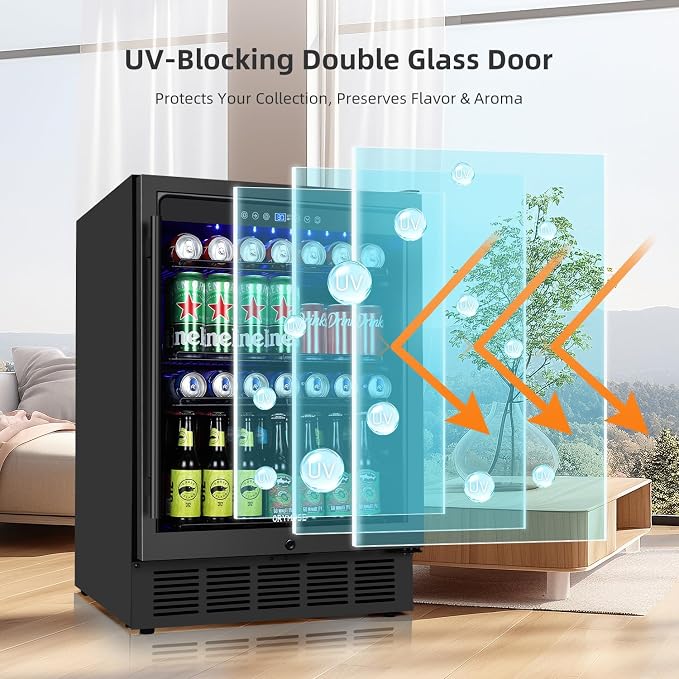Beverage Refrigerator 24 Inch, 180 Can Drink Fridge with Glass Door, Under Counter or Freestanding Beverage Cooler for Soda, Beer, Wine – Quiet Cooling for Kitchen, Bar, Office, Black