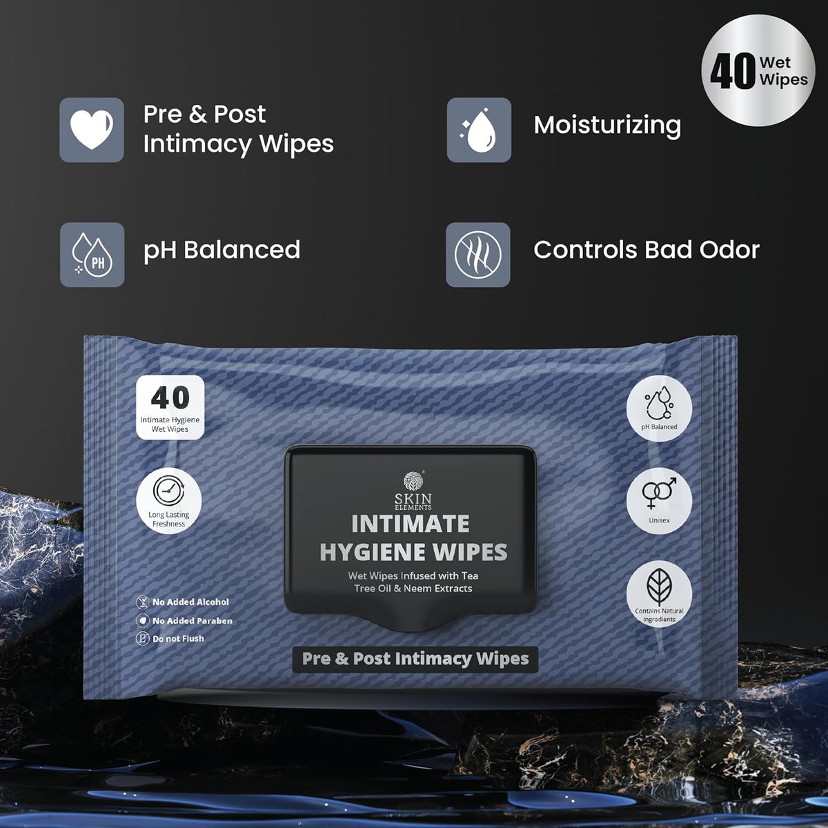 Skin Elements Intimate Hygiene Wipes - pH Balanced Wet Wipes with Tea Tree Oil & Neem Extracts | 40 Count