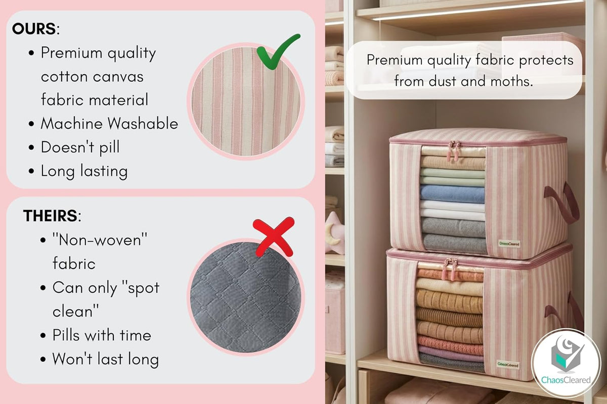 Chaos Cleared Kids Storage Bags – 100% Cotton Canvas Toy & Clothes Organizer with Cute Design – Storage Bin for Stuffed Animals, Baby Items & Clothes with Zipper & Handles (Pink Stripe Print)