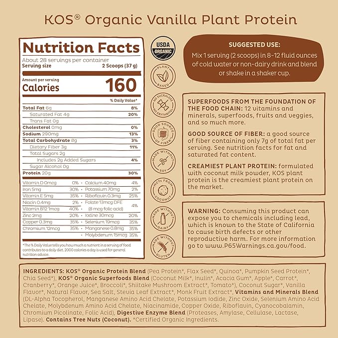 KOS Vegan Protein Powder Erythritol Free, Vanilla USDA Organic - Pea Protein Blend, Plant Based Superfood Rich in Vitamins & Minerals - Keto, Dairy Free - Meal Replacement for Women & Men, 28 Servings